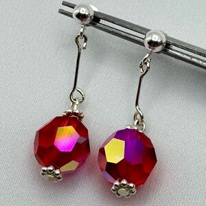 NEW Sterling Silver Red Swarovski Crystal Dangle Earrings Faceted AB Beads